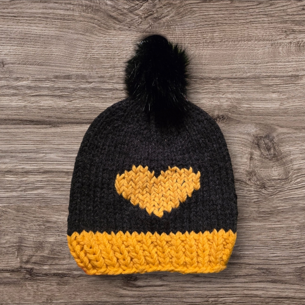 Handmade Black Knit Hat with Yellow Heart